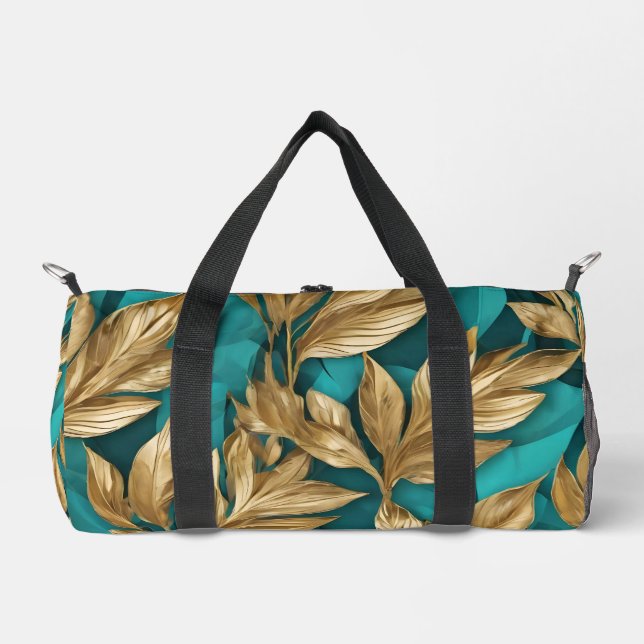 Moderne Turquoise Gold Boho Blätter Collection Duffle Bag (Vorderseite)