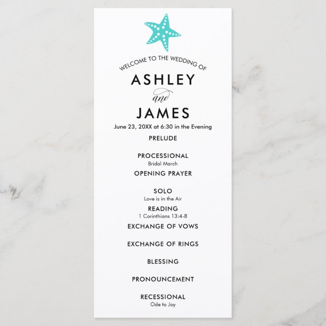 Moderne Turquoise Starfish Mariage programme de cé (Devant)