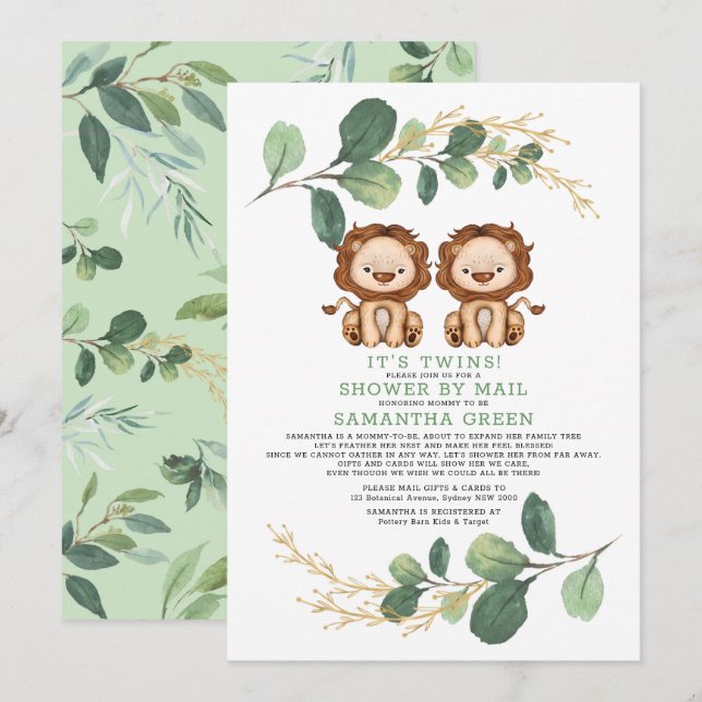 Moderne Twin Lion Greenerity Gold Baby Dusche per  Einladung (Vorne/Hinten)
