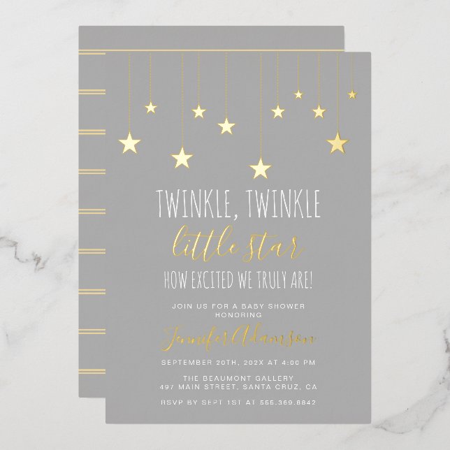 Moderne Twinkle Little Star Baby Dusche Folieneinladung (Vorderseite/Rückseite)