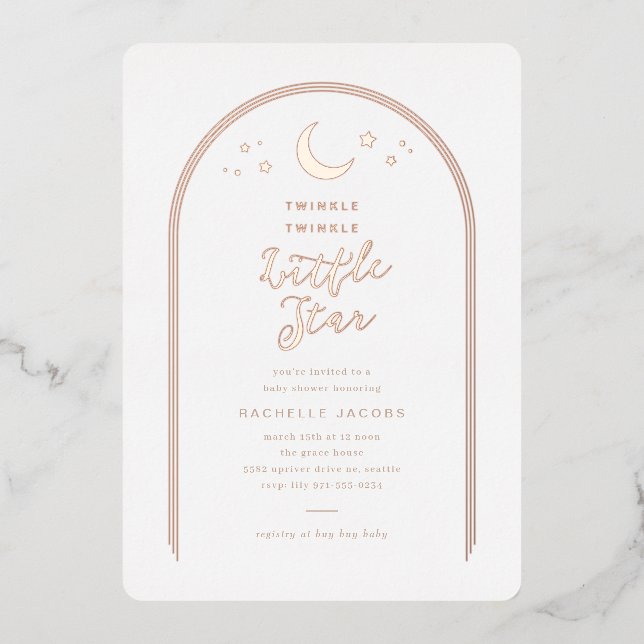 Moderne Twinkle Little Star Baby Dusche Rose Gold Folieneinladung (Vorderseite)