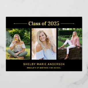 Moderne Typografie 3 Foto Black Graduation Party Folieneinladung