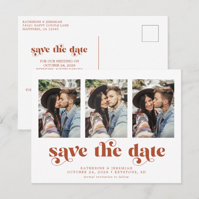Moderne Typografie 3 Foto Save the Date Ankündigungspostkarte (Vorne/Hinten)