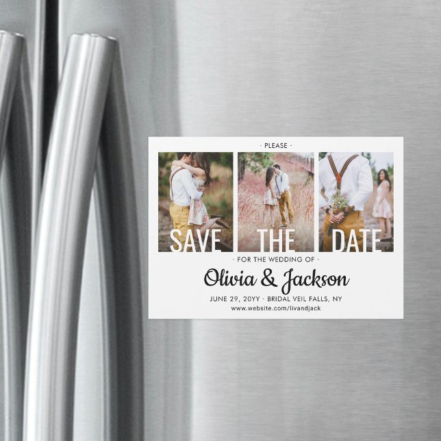 Moderne Typografie 3 Foto Wedding Save the Date Magneteinladung (Von Creator hochgeladen)
