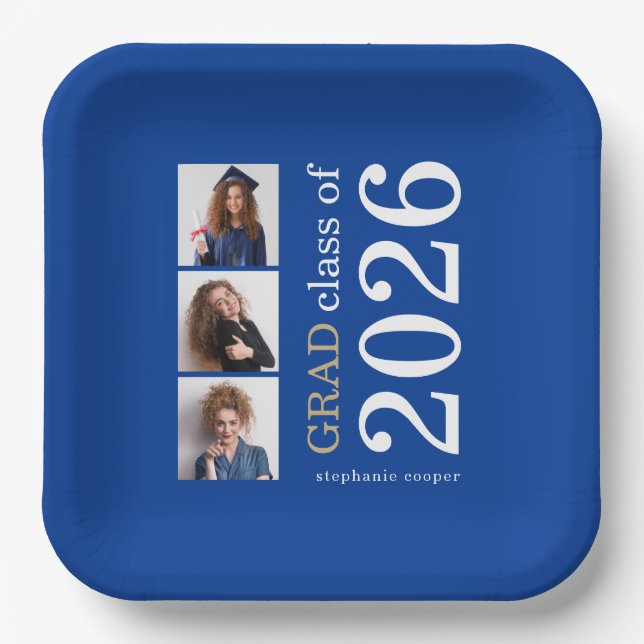 Moderne Typografie 3 Fotos Blue 2025 Abschluss Pappteller (Vorderseite)