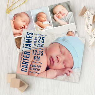 Moderne Typografie Baby Boy Foto Navy Text Geburt Ankündigung