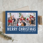 Moderne Typografie Blue Foto Collage Weihnachten<br><div class="desc">Frohe Weihnachten! Senden Sie Ihre herzlichen Wünsche in dieser Saison mit dieser personalisierbaren Weihnachtskarte für das Foto. Es zeichnet sich durch einfache Typografie mit einem blauen Hintergrund aus. Personalisieren Sie Ihre Fotos,  Namen,  Jahr und andere Details. Diese moderne Weihnachtskarte ist in anderen Farben und mit Karton erhältlich.</div>