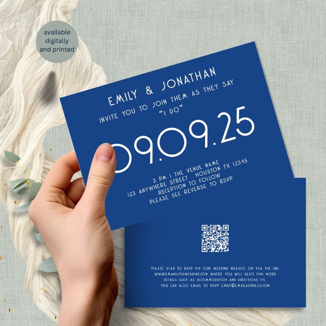 Moderne Typografie Blue Wedding Einladung (Front and back view)