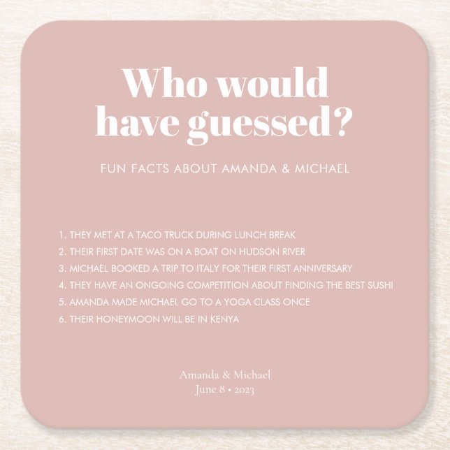 Moderne Typografie Blush Pink Hochzeitsspass Fakte Rechteckiger Pappuntersetzer (Vorderseite)