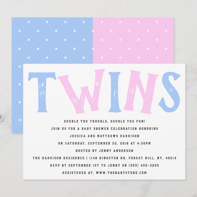 Moderne Typografie Boy & Girl Twins Kinderdusche Einladung (Vorne/Hinten)
