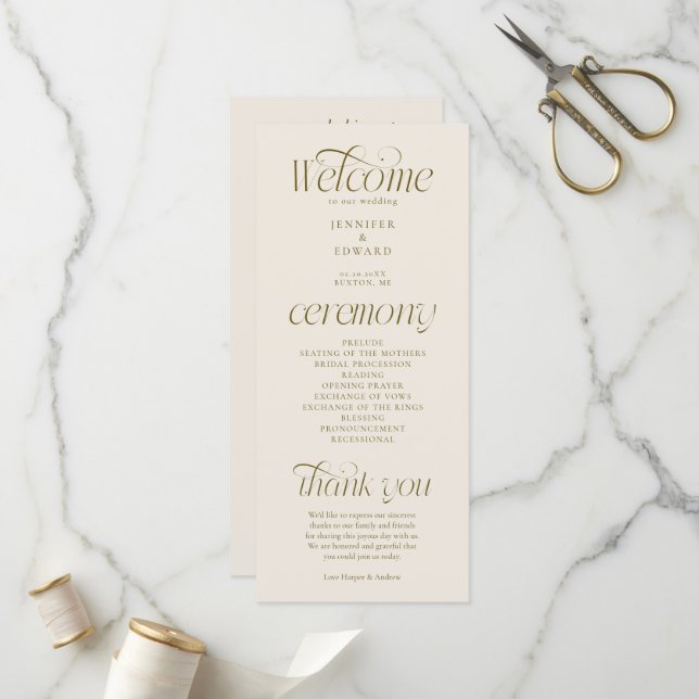 Moderne Typografie Creme-Hochzeitsprogramm Programm (Vorderseite/Rückseite Beispiel)
