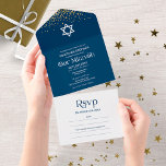 Moderne Typografie Dark Blue Confetti Bar Mitzvah All In One Einladung<br><div class="desc">Eine elegante, dunkelblaue Bar Mitzvah-Einladung, leicht zu personalisieren mit Ihren Details. BITTE BEACHTEN SIE: Diese Einladung kann ohne Umschlag verschickt werden; die Rücksendeadresse ist auf der Rückseite enthalten; wenn Sie sie mit einem Umschlag senden möchten, bitte die Rücksendeadresse ausfüllen (Rückseite). GÄSTEADDRESSING: Diese Vorlage beinhaltet die Adressierung des Empfängers in der...</div>