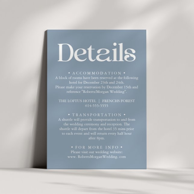 Moderne Typografie Dusty Blue Wedding Details Begleitkarte (Von Creator hochgeladen)