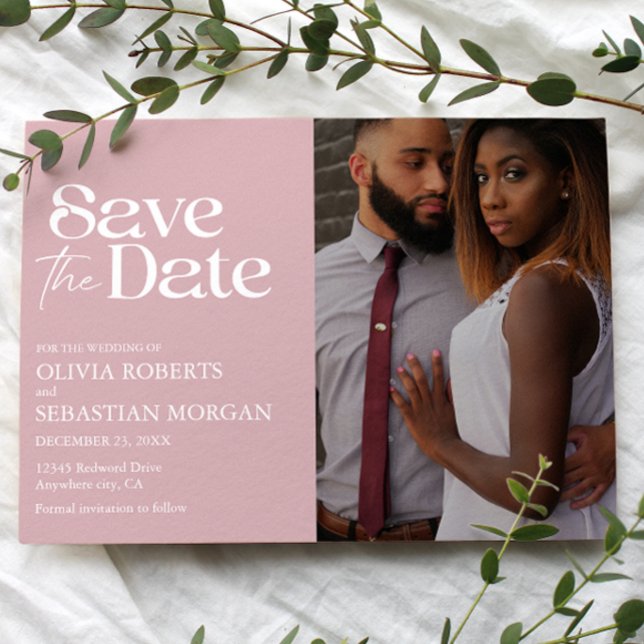 Moderne Typografie Dusty Rose Foto Wedding Save The Date (Von Creator hochgeladen)