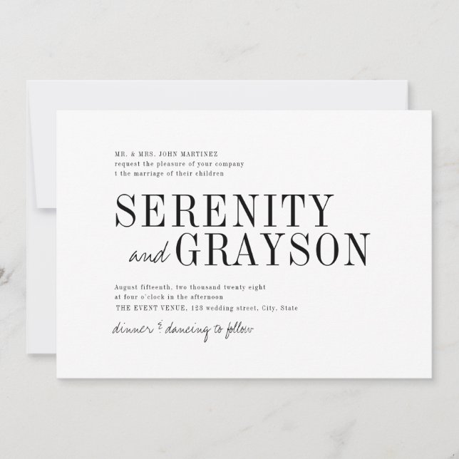 Moderne Typografie elegante minimalistische Hochze Einladung (Vorderseite)