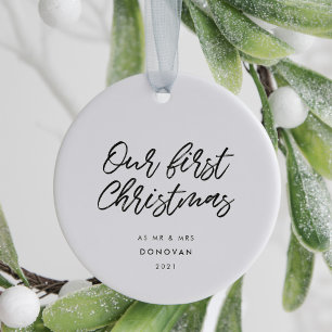 Moderne Typografie Erstes Weihnachtshochzeit-Foto Keramik Ornament