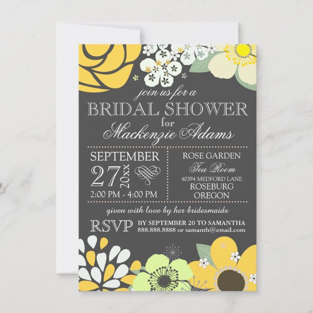 Moderne Typografie florales Brautparty grau gelb Einladung (Vorderseite)