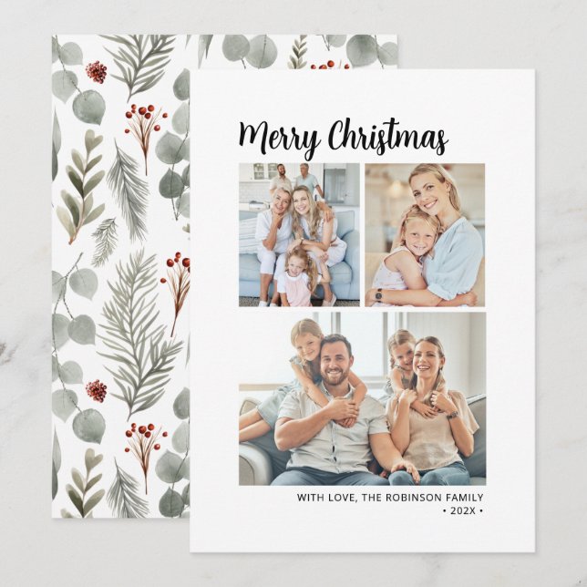 Moderne Typografie Foliage Multi Foto Weihnachten (Vorne/Hinten)
