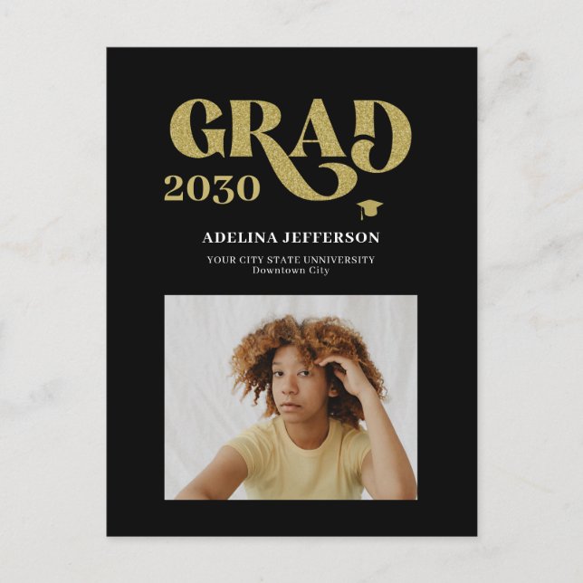 Moderne Typografie Foto Gold Schwarzer Abschluss Ankündigungspostkarte (Vorderseite)