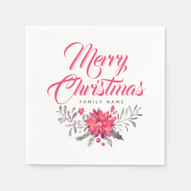 Moderne Typografie Frohe Weihnachten & BlumenBouqu Serviette (Vorderseite)