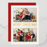 Moderne Typografie frohe Weihnachten Drei Foto Folien Feiertagskarte<br><div class="desc">Frohe Weihnachten! Senden Sie Weihnachtsgrüße an Familie und Freunde mit dieser anpassbaren Weihnachtsfotokarte aus Gold. Es zeigt einfache Typografie und Weihnachtsbaum. Die Texte sind für jede Begrüßung vollständig anpassbar. Diese moderne Weihnachtskarte ist in anderen Folienfarben erhältlich.</div>