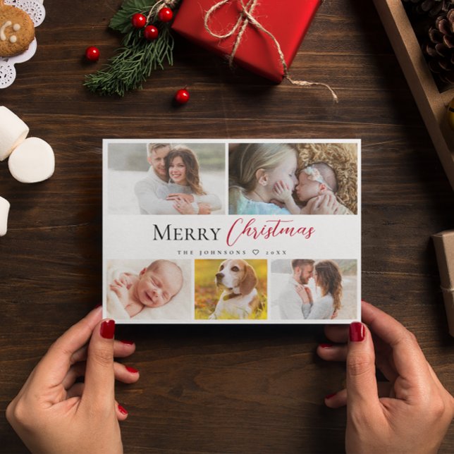 Moderne Typografie Frohe Weihnachten Mehrere Fotos (Merry Christmas Family photo collage Holiday card.)