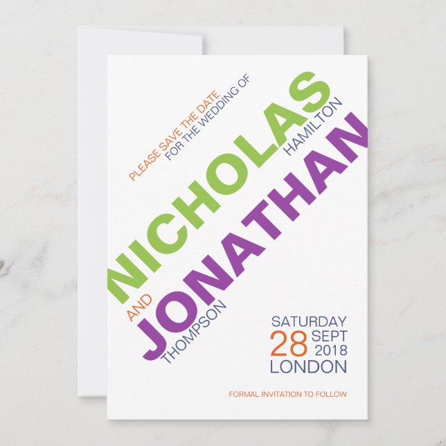 Moderne Typografie-Gay-Hochzeit spart die Datumska Save The Date (Vorderseite)