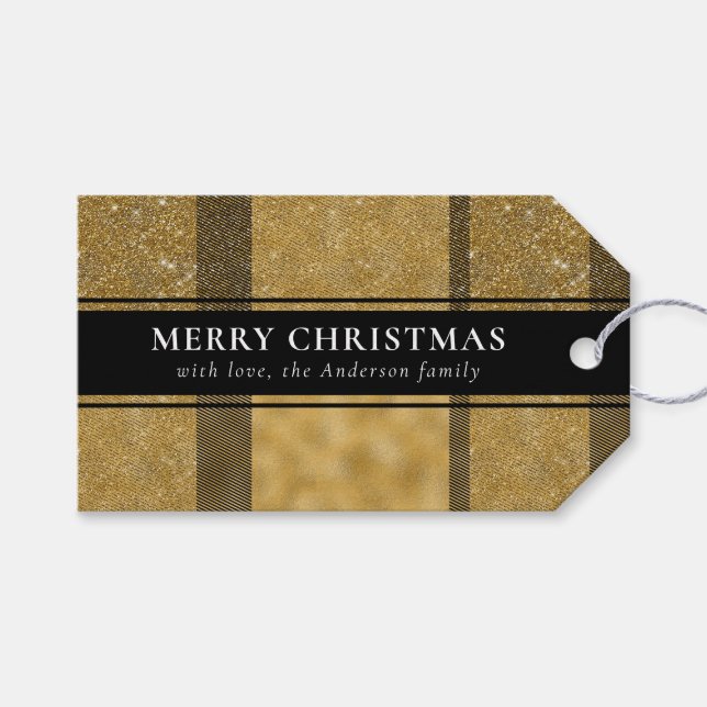 Moderne Typografie Gold Buffalo Karierte Weihnacht Geschenkanhänger (Vorderseite (Horizontal))