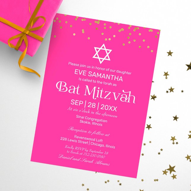 Moderne Typografie Gold Confetti Pink Bat Mitzvah Einladung (Von Creator hochgeladen)