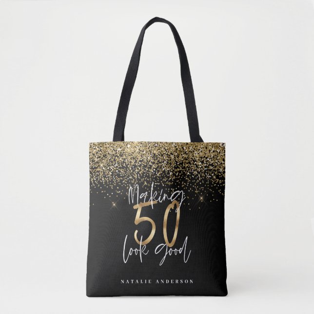Moderne Typografie Gold Glitzer Chic 50. Geburtsta Tasche (Vorderseite)