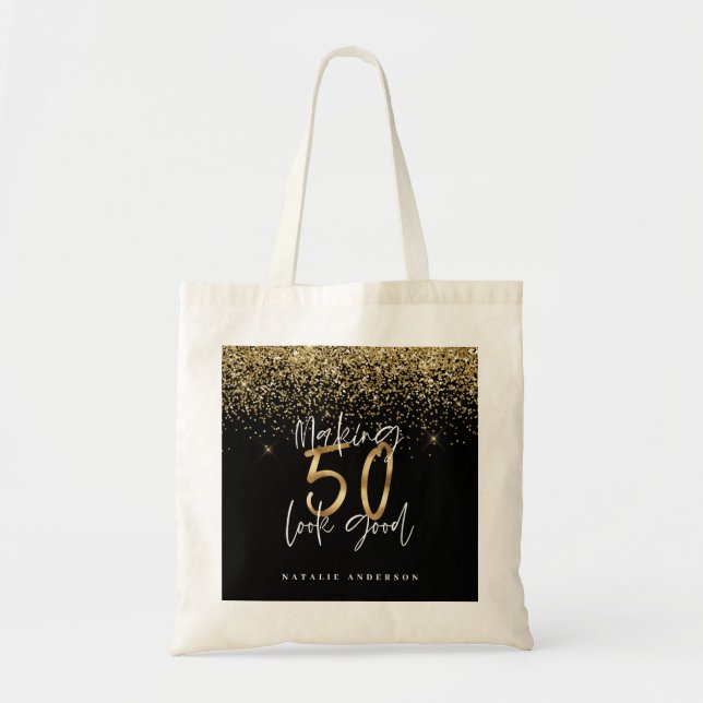 Moderne Typografie Gold Glitzer Chic 50. Geburtsta Tragetasche (Vorne)
