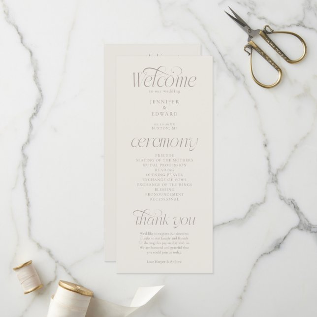 Moderne Typografie Greige Hochzeitsprogramm Programm (Vorderseite/Rückseite Beispiel)