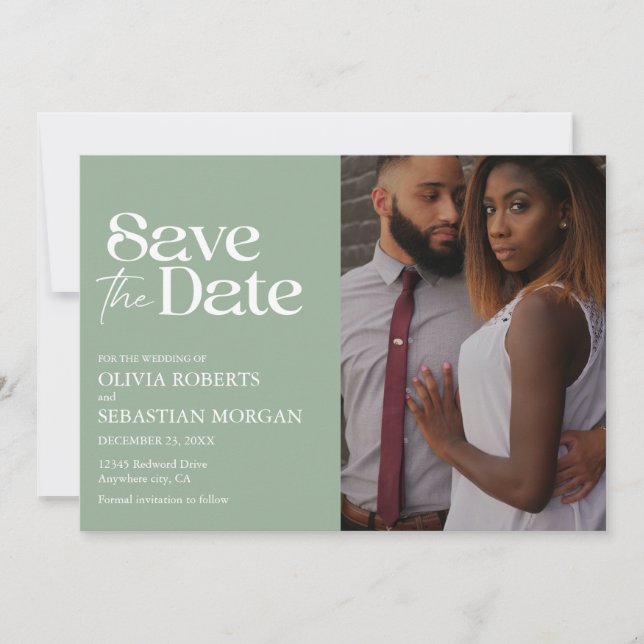 Moderne Typografie - Grünen Foto Hochzeit Save The Date (Vorderseite)