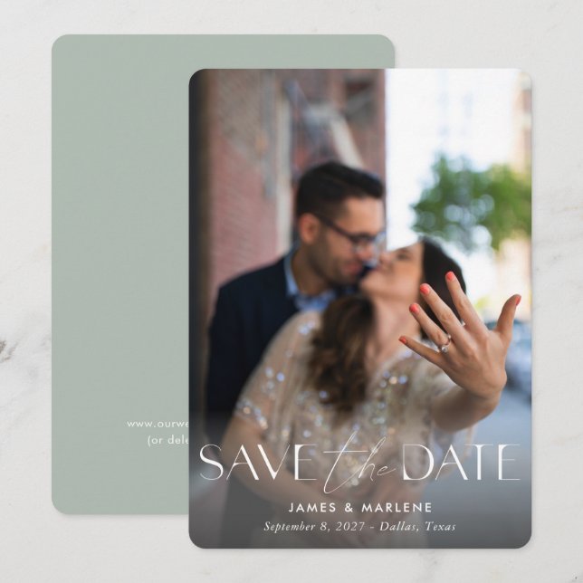 Moderne Typografie - Grünen Foto Hochzeit Save The Date (Vorne/Hinten)