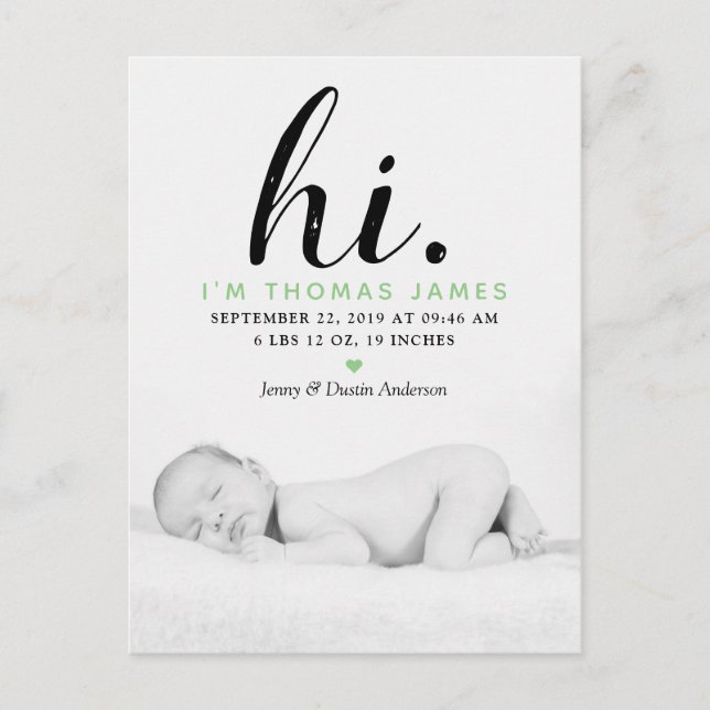 Moderne Typografie "Hi". Foto Birth Ankündigung (Vorderseite)