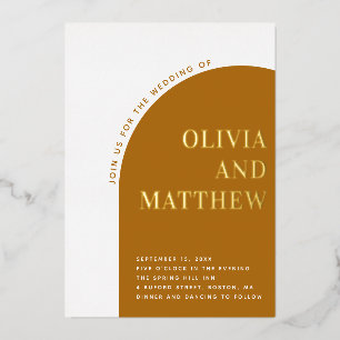 Moderne Typografie-Hochzeit im Herbst aus GoldSenf Folieneinladung