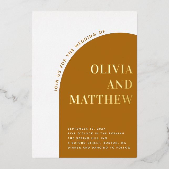 Moderne Typografie-Hochzeit im Herbst aus GoldSenf Folieneinladung (Vorderseite)