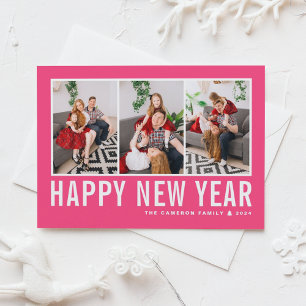 Moderne Typografie Hot Pink FotoCollage Neues Jahr Feiertagskarte