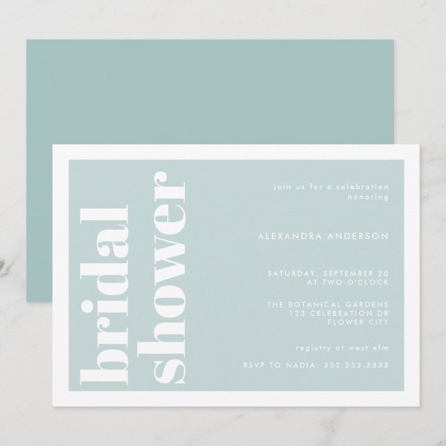 Moderne Typografie Minze Türkisfarben Brautparty Einladung (Vorne/Hinten)