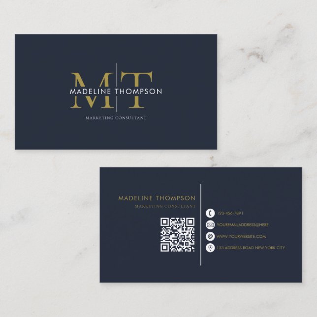 Moderne Typografie Monogram Navy Blue Gold QR Code Visitenkarte (Vorne/Hinten)