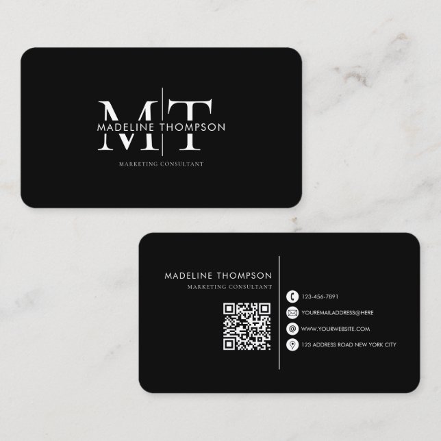 Moderne Typografie-Monogramm Schwarzer QR-Code Visitenkarte (Vorne/Hinten)