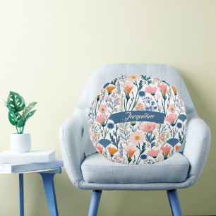 Moderne Typografie Pastell-Wildblumenblüten Floral Rundes Kissen