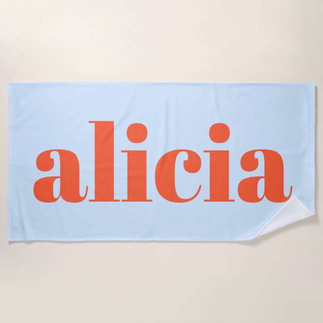 Moderne Typografie Personalisierter Name Blau Oran Strandtuch (Vorderseite)
