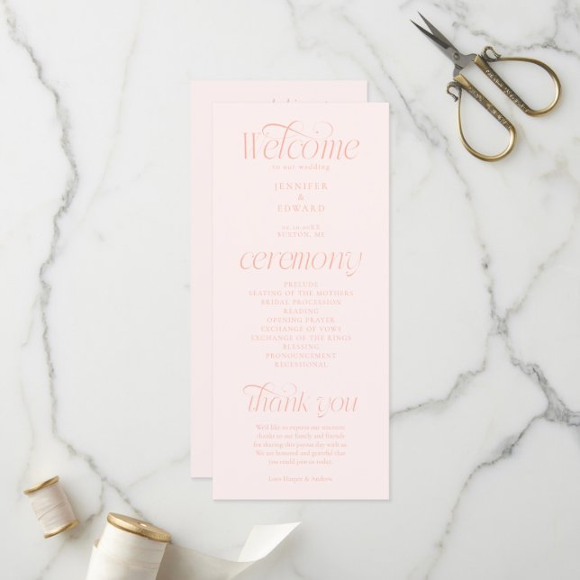 Moderne Typografie Pfirsich-Hochzeitsprogramm Programm (Vorderseite/Rückseite Beispiel)