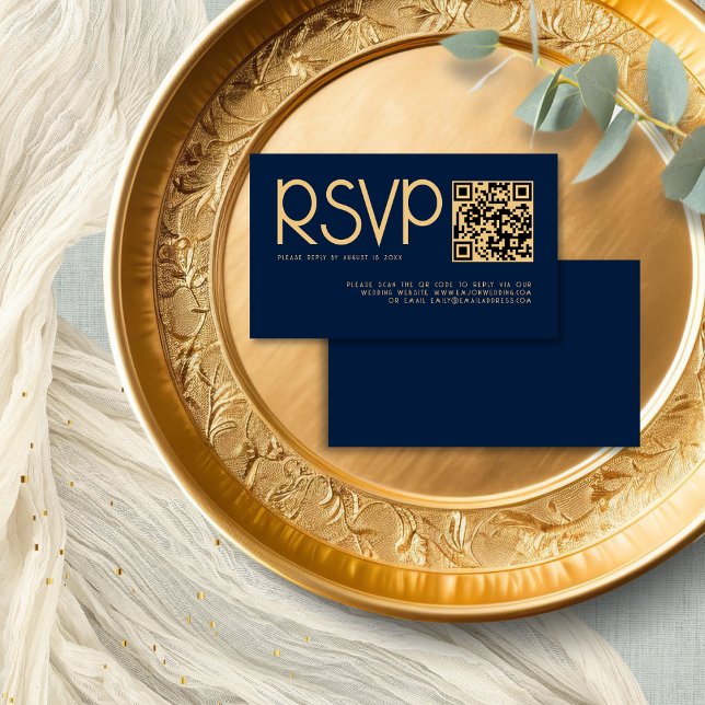 Moderne Typografie QR Code Navy Gold Wedding RSVP Begleitkarte (Frotn and back view mini size 3.5 x 2" enclosure card)