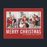 Moderne Typografie - Rote FotoCollage Weihnachten<br><div class="desc">Frohe Weihnachten! Senden Sie Ihre herzlichen Wünsche in dieser Saison mit dieser personalisierbaren Foto Collage Weihnachtspostkarte. Es zeichnet sich durch einfache Typografie mit einem roten Hintergrund aus. Personalisieren Sie Ihre Fotos,  Namen,  Jahr und andere Details. Diese moderne Weihnachtspostkarte ist in anderen Farben und mit Karton erhältlich.</div>