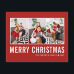 Moderne Typografie - Rote FotoCollage Weihnachten<br><div class="desc">Frohe Weihnachten! Senden Sie Ihre herzlichen Wünsche in dieser Saison mit dieser personalisierbaren Weihnachtskarte für das Foto. Es zeichnet sich durch einfache Typografie mit einem roten Hintergrund aus. Personalisieren Sie Ihre Fotos,  Namen,  Jahr und andere Details. Diese moderne Weihnachtskarte ist in anderen Farben und mit Karton erhältlich.</div>