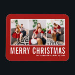 Moderne Typografie - Rote FotoCollage Weihnachten Magnet<br><div class="desc">Frohe Weihnachten! Mit diesem individuell anpassbaren Weihnachtsmagneten für Foto senden Sie Ihre Wünsche in dieser Saison. Es zeichnet sich durch einfache Typografie mit einem roten Hintergrund aus. Personalisieren Sie Ihre Fotos,  Namen,  Jahr und andere Details. Dieser moderne Weihnachtsmagnet ist in anderen Farben und Cardstock erhältlich.</div>
