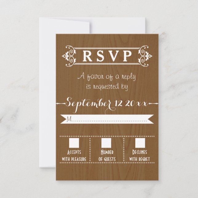 Moderne Typografie rustikale Holzhochzeit RSVP (Vorderseite)