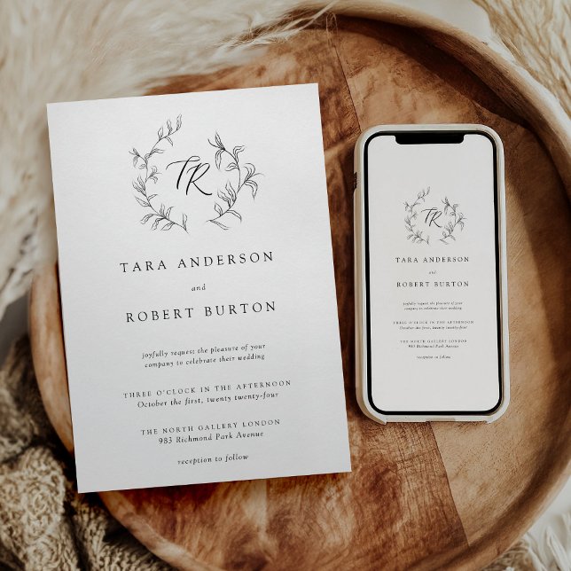 Moderne Typografie Schwarz-Weiß-Botanische Hochzei Einladung (Von Creator hochgeladen)